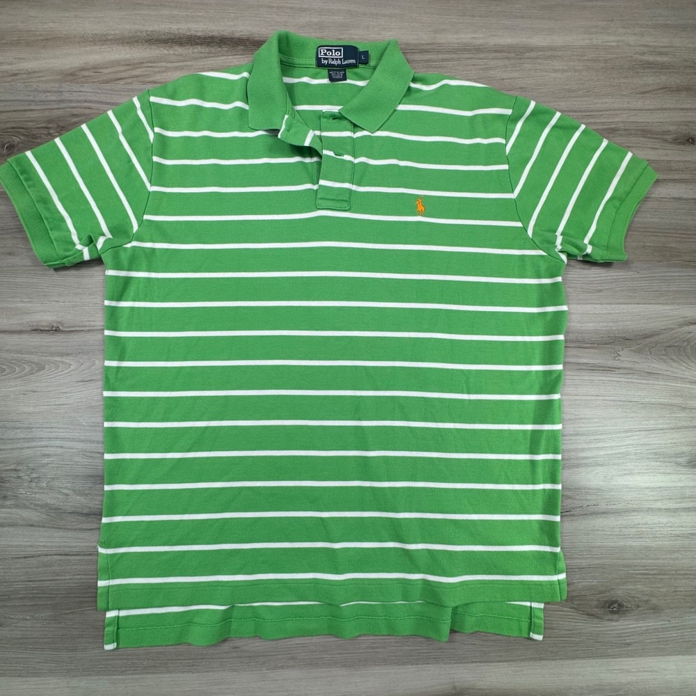 Polo Ralph Lauren Mens Green White Striped Short Sleeve Polo Shirt L Orange Pony